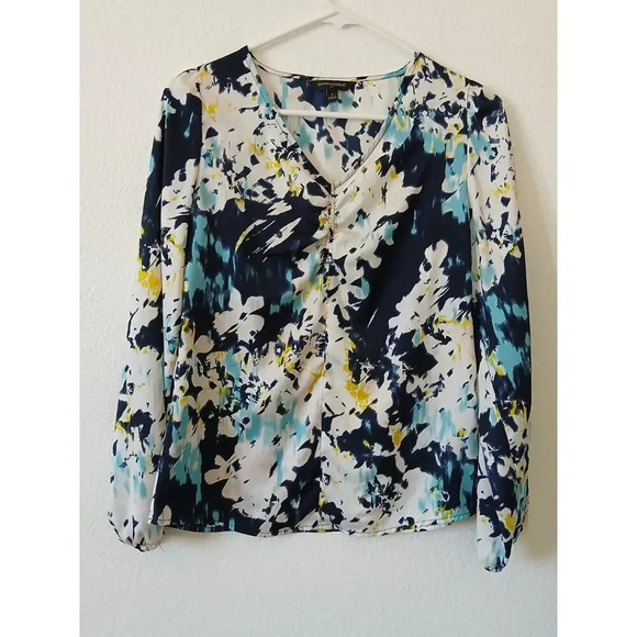 Banana Republic Womens Blouse Adult Small Blue Yellow Flowers - Picture 1 of 12